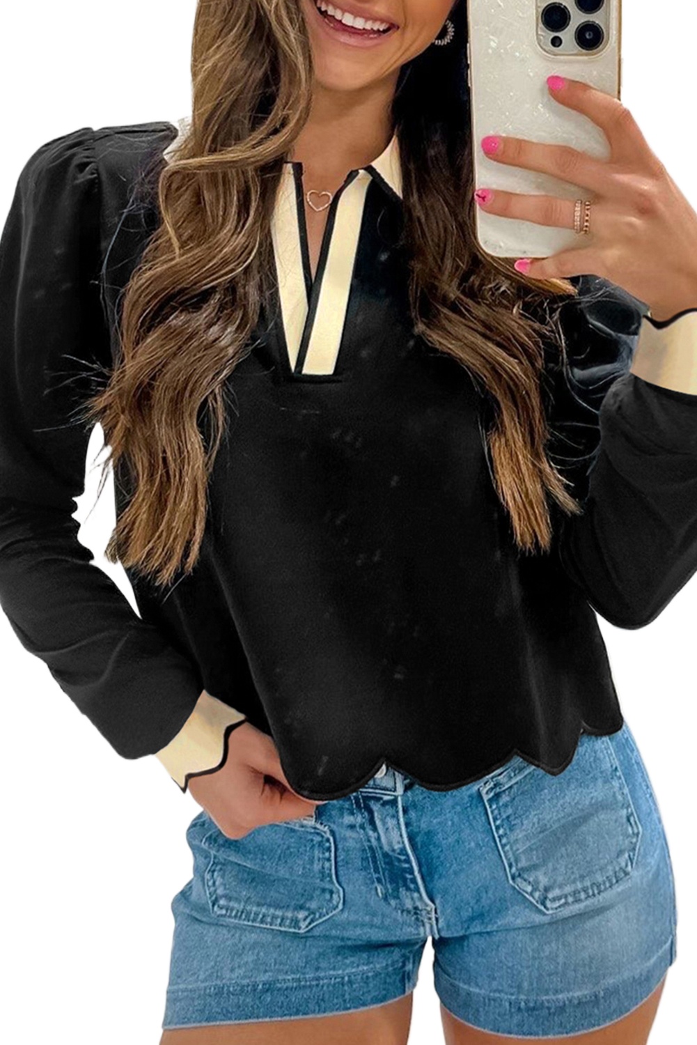 Stylish Black Long Sleeve V Neck Top with Scallop Trim and Color Block Design - Detail View 2