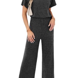 Women's Dark Grey Ribbed Keyhole Short Sleeve Wide Leg Jumpsuit with Pockets - Main View