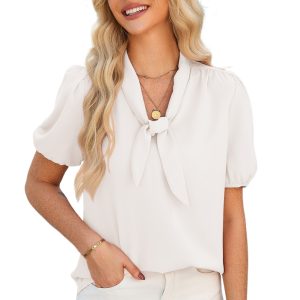 Elegant White Bow Tie V Neck Puff Sleeve Blouse for Women – Perfect for Daily Wear