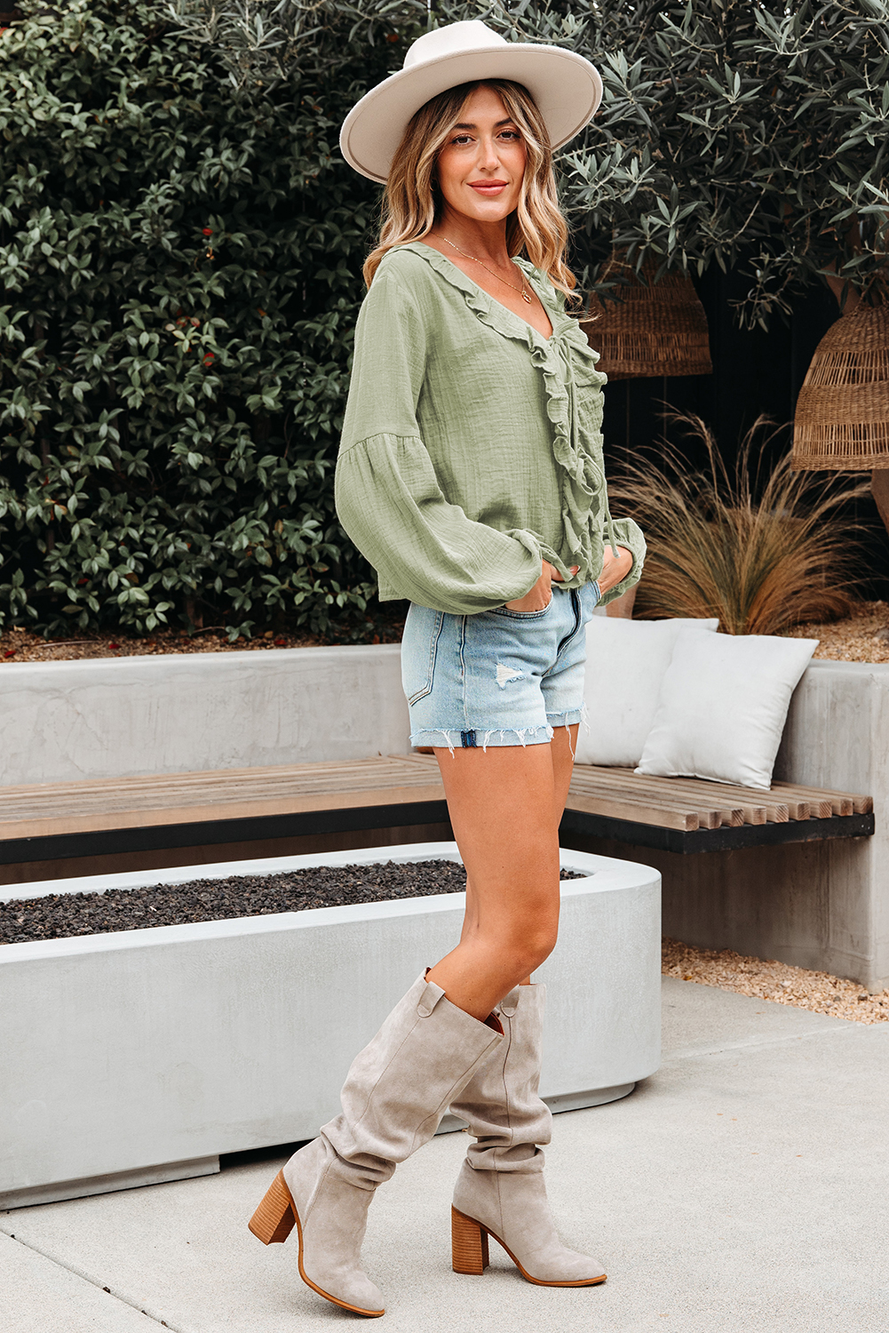 Women's Meadow Mist Green Bow Tie Front Ruffle Trim V Neck Long Sleeve Blouse - Detail View 5