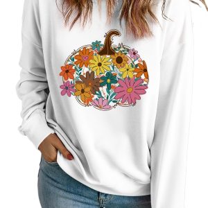 Women's White Floral Pumpkin Custom Graphic Sweatshirt - Perfect for Fall - Main View
