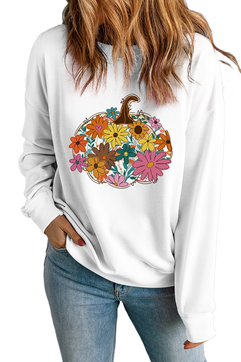 Women's White Floral Pumpkin Custom Graphic Sweatshirt - Perfect for Fall - Main View