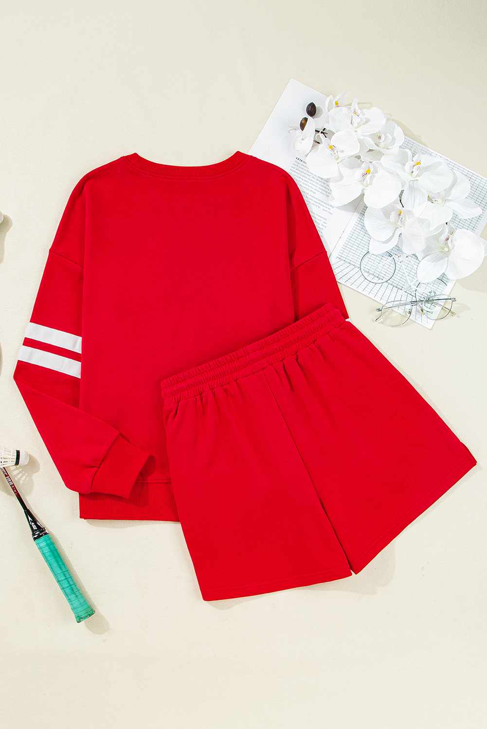 Casual Fiery Red Long Sleeve Sweatshirt with Contrast Trim and Matching Shorts - Detail View 2