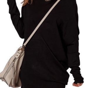 Women's Black Asymmetric Neck Batwing Sleeve Mini Sweater Dress – Casual Autumn Style - Main View
