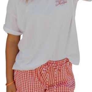 Women's Red Gingham Plaid Shorts – Casual Elastic Waist Summer Shorts with Lace Hem