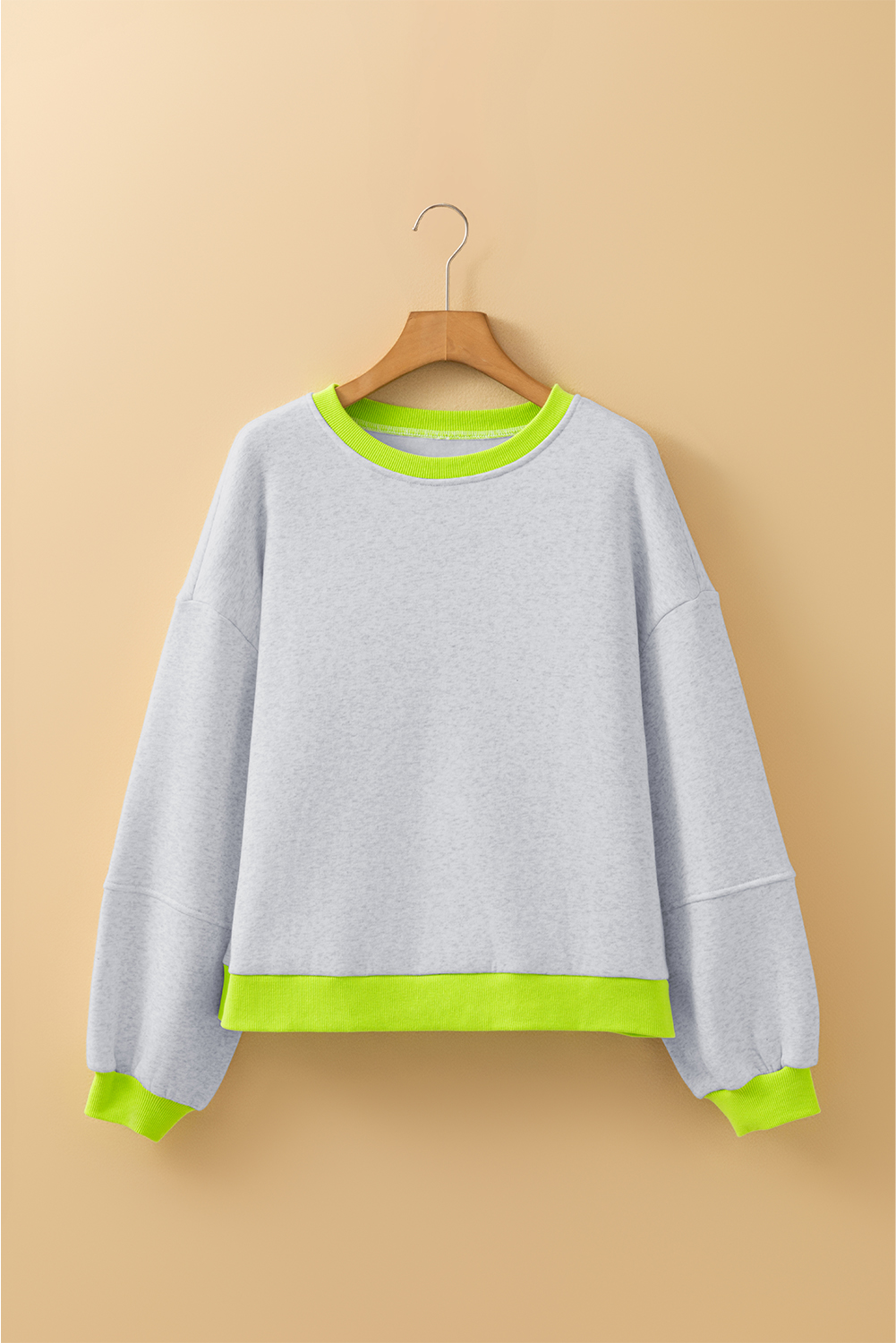 Women's Light Grey Contrast Color Banding Patchwork Puff Sleeve Loose Sweatshirt - Detail View 5