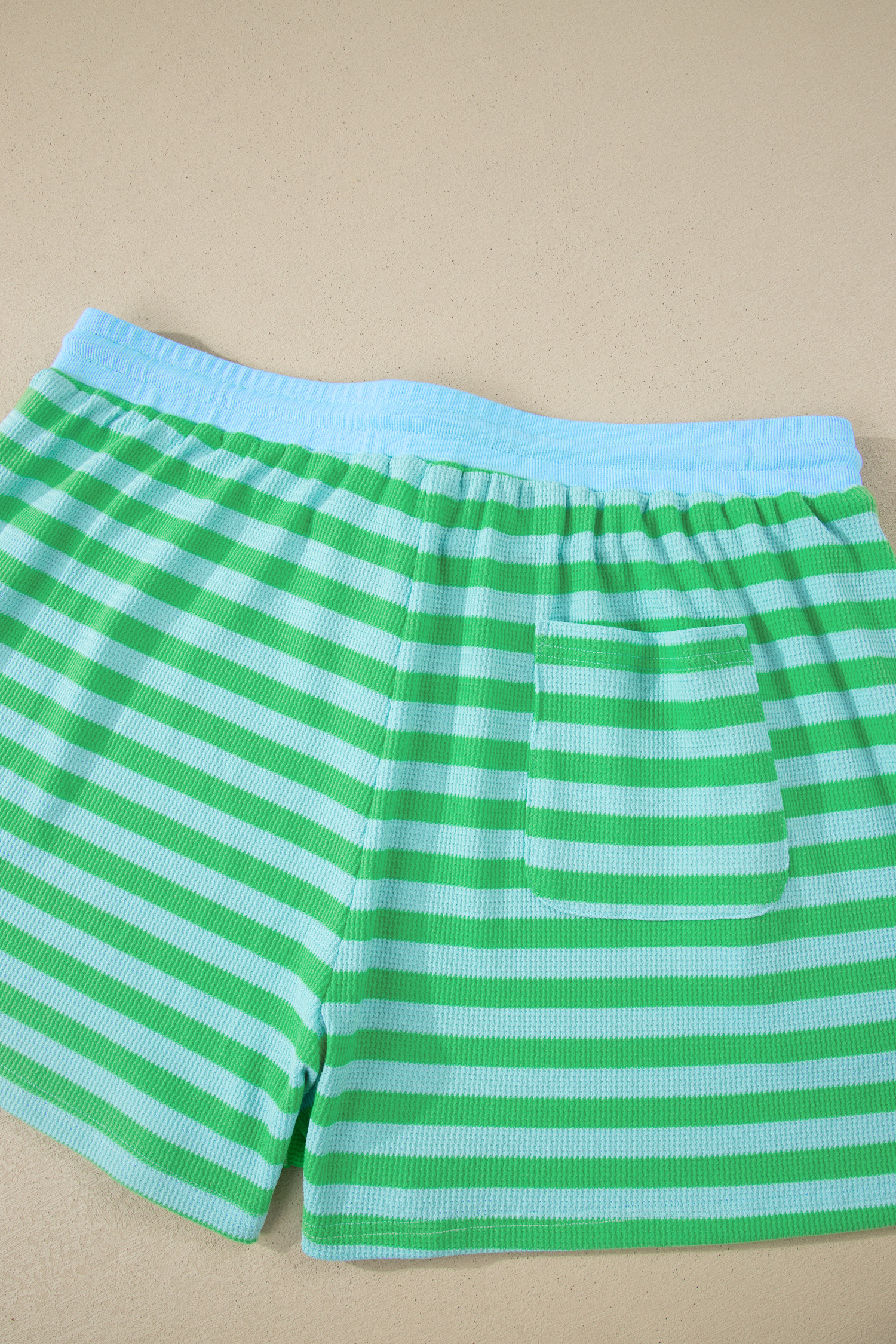 Women's Green Stripe 2-Piece Outfit – Puff Sleeve Top and High Waist Drawstring Shorts Set - Detail View 10