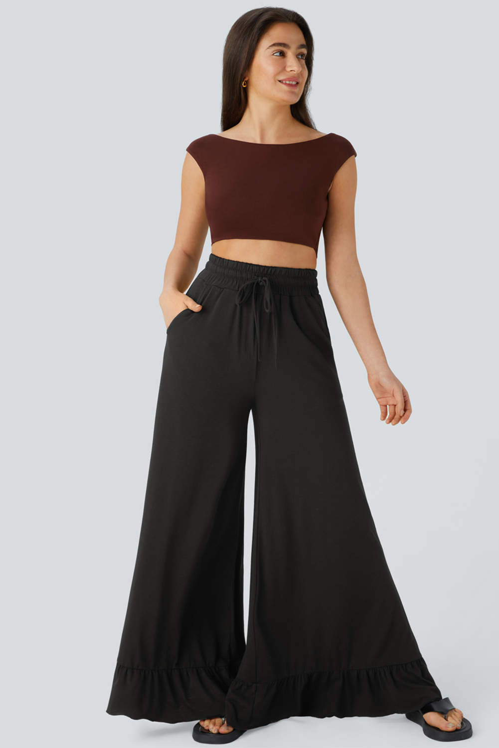 Comfortable Black Ruffled Wide Leg Pants - Perfect for Daily Wear and Autumn Style - Detail View 7