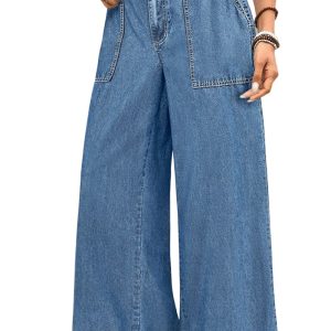 Plus Size Women's Ashleigh Blue Ruffled Wide Leg Denim Pants for Casual Spring Style