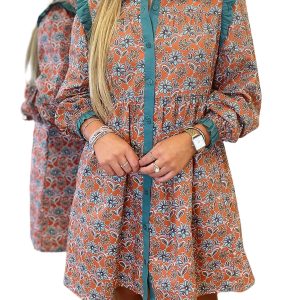 Women's Orange Boho Floral Mini Dress – Casual Shift Dress for Spring & Vacation