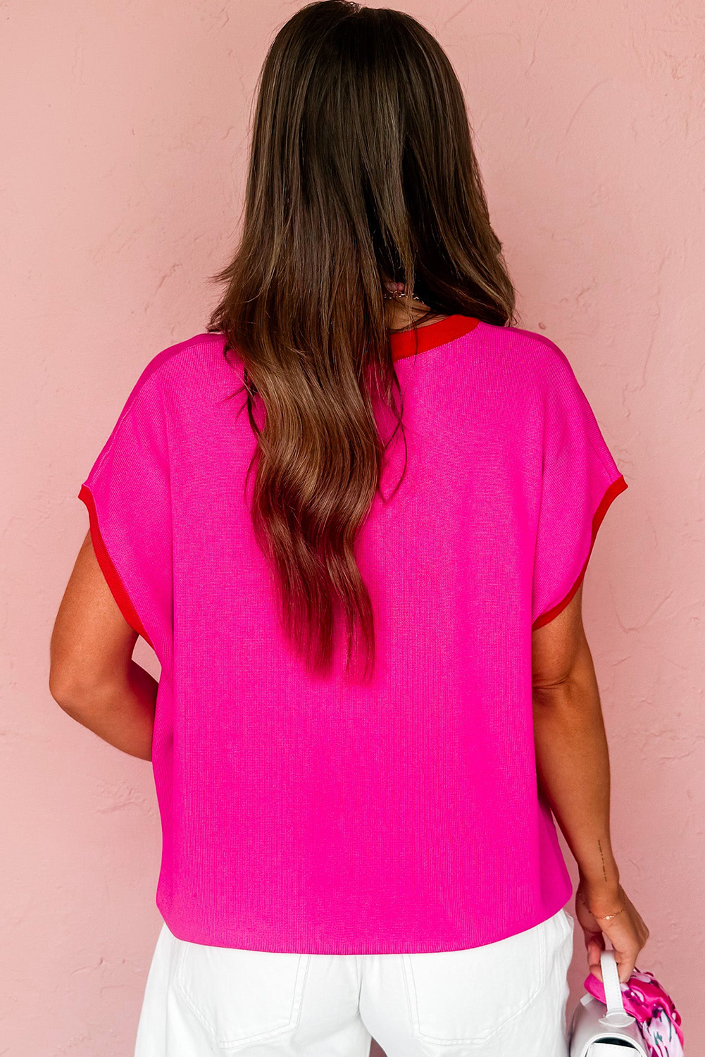 Casual Summer Knit Sweater for Women - Rose Red Color Block Design - Detail View 2