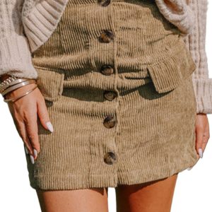 Women's Camel Corduroy Buttoned Front Mini Skirt with Faux Pockets - Main View