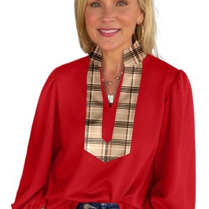 Women's Racing Red Plaid Patchwork Long Sleeve Blouse – Chic V Neck Top for Office & Daily Wear