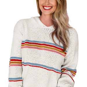 Women's White Multicolored Striped Hooded Sweater – Casual Fall Layering Essential - Main View
