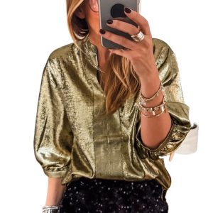 Women's Gold Metallic Split Neck Blouse – Elegant Half Sleeve Top for Office & Daily Wear