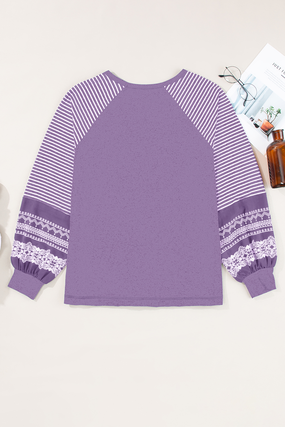 Tillandsia Purple Contrast Print Striped Raglan Long Sleeve Loose Top for Women - Detail View 5