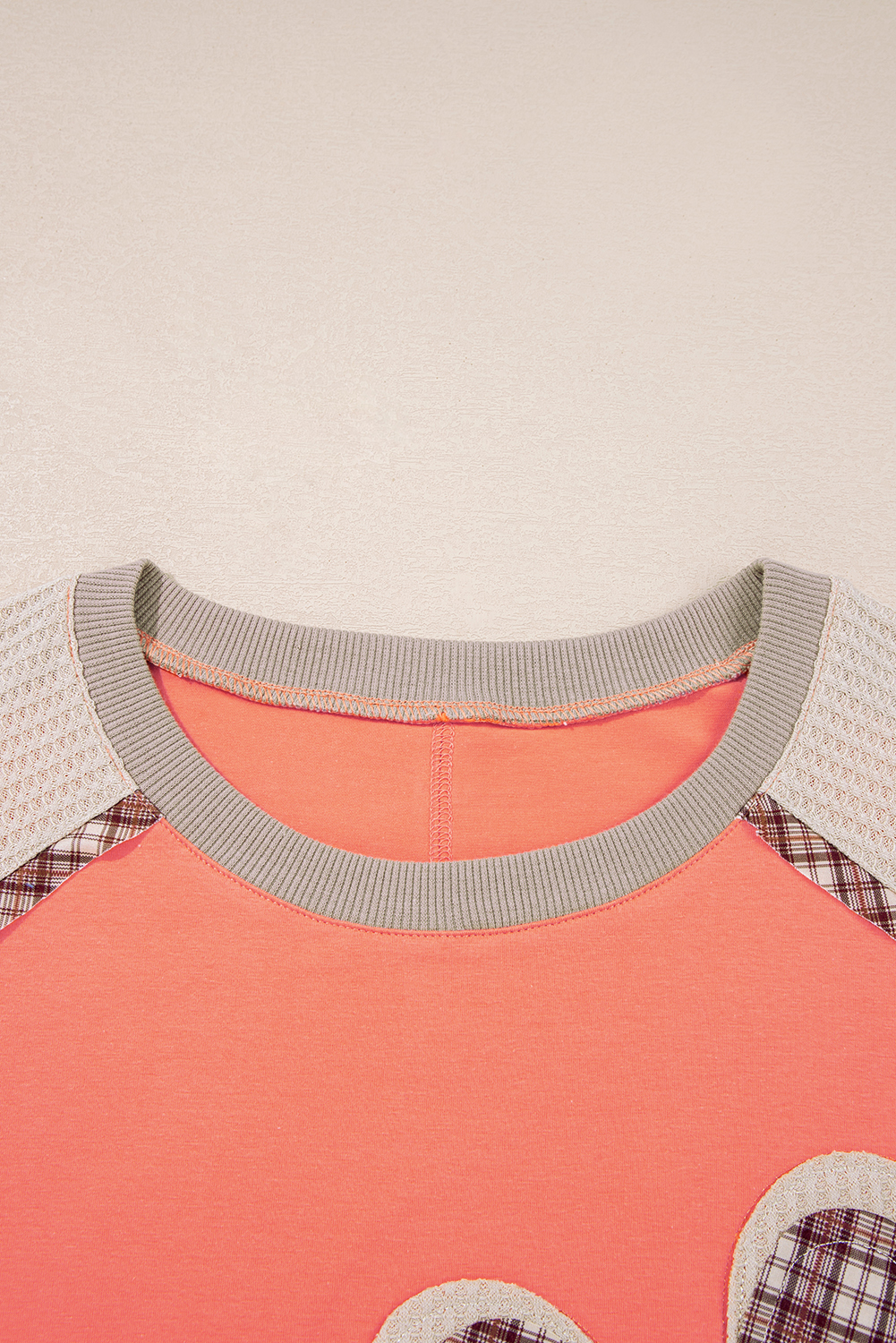 Women's Top, Grapefruit Orange, Plaid Print, Waffle Knit, Bracelet Sleeve, Casual Style, Daily Wear, Summer Fashion, Patchwork Design, Colorblock, Comfortable, 95% Cotton, Stylish Silhouette - Detail View 8