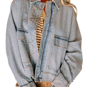 Women's Beau Blue Street Style Zip Up Denim Jacket – Casual Layering for Fall & Autumn - Main View