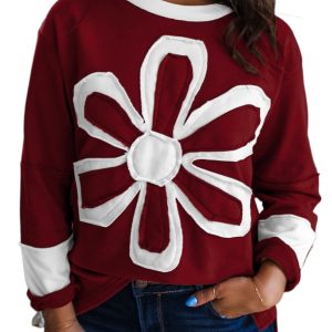 Women's Red Dahlia Floral Patched Long Sleeve Top – Casual Round Neck Shift for Daily Wear