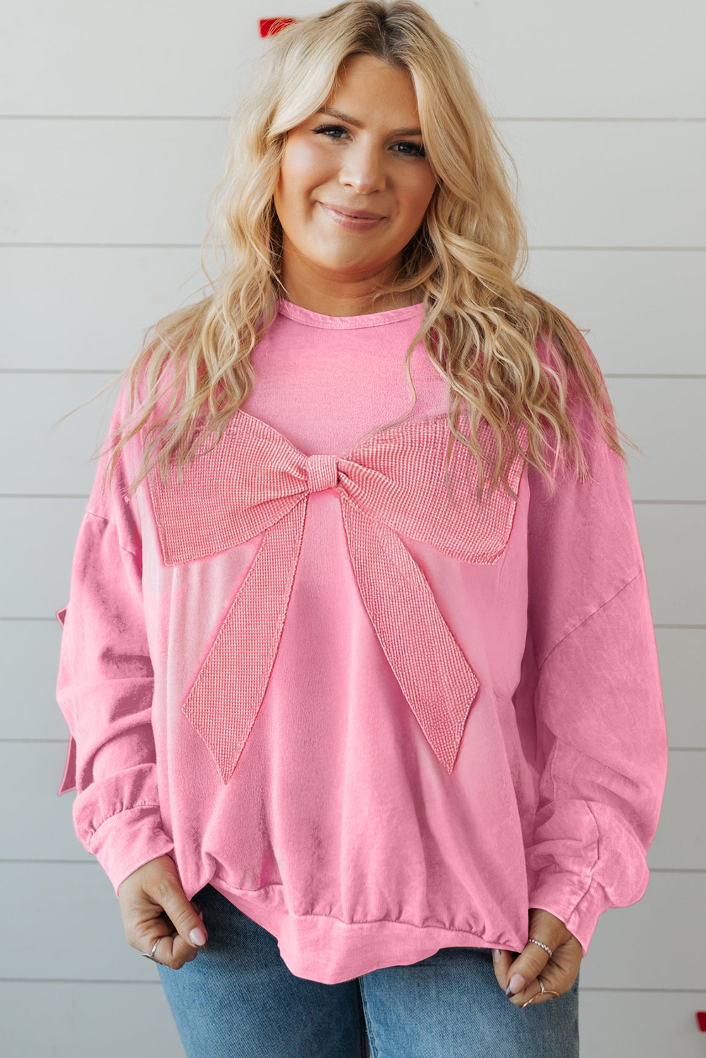 Plus Size Bonbon Waffle Bowknot Patchwork Graphic Sweatshirt - Casual Long Sleeve - Detail View 5
