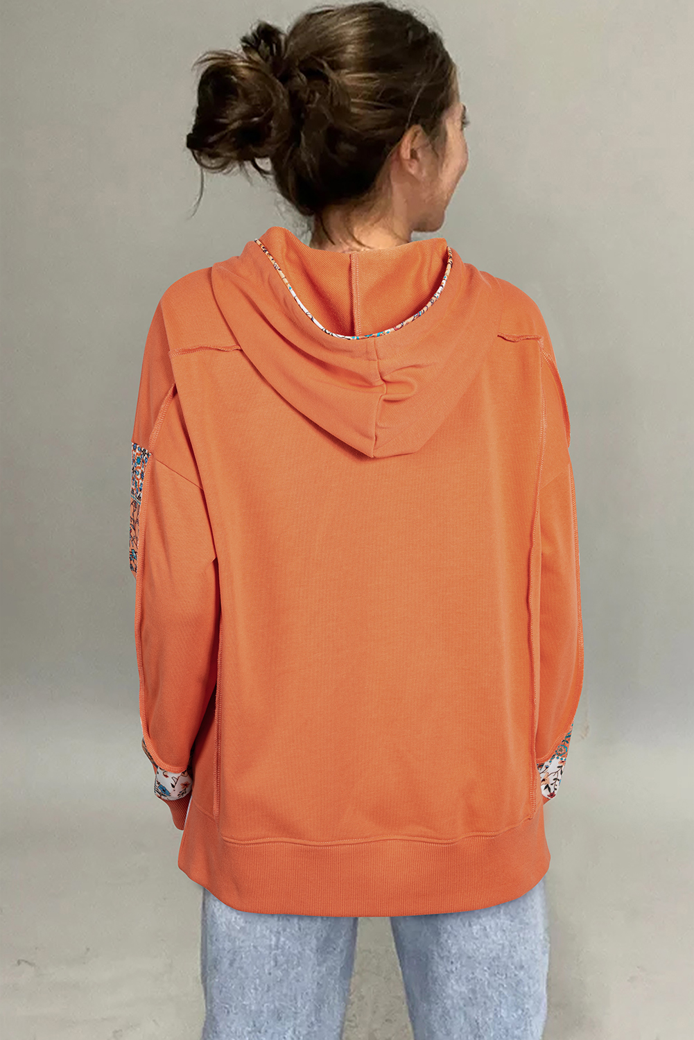 Casual Long Sleeve Hoodie with Colorblock Design and Floral Patchwork - Detail View 2