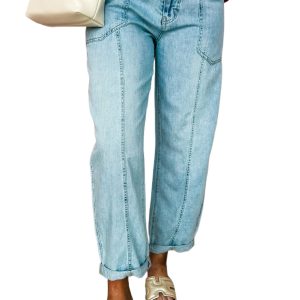 Myosotis Exposed Stitch Detail Drawstring Wide Leg Jeans for Women - Main View