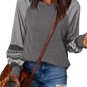 Women's Gray Contrast Print Striped Raglan Long Sleeve Loose Top - Main View