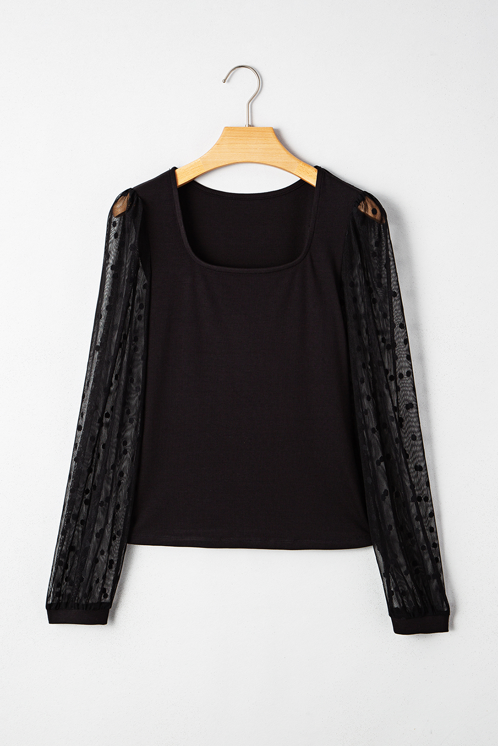 Chic Black Puff Sleeve Square Neck Top - Sheer Mesh and Ribbed Design - Detail View 6