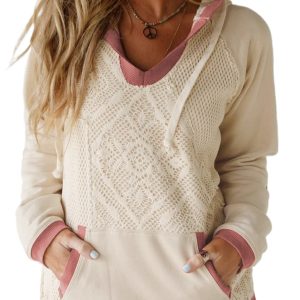 Women's White Contrast Trim Crochet Knit Hoodie – Casual Fall Essential with Patchwork Details - Main View