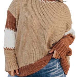 Plus Size Light French Beige Color Block Knitted Sweater with Contrast Stitching - Main View