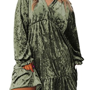 Women's Plus Size Jungle Green Velvet Babydoll Mini Dress for Casual Daily Wear - Main View