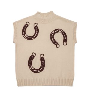 Women's Parchment Corded Horseshoes Ribbed Trim Mock Neck Sweater – Western Style for Daily Wear