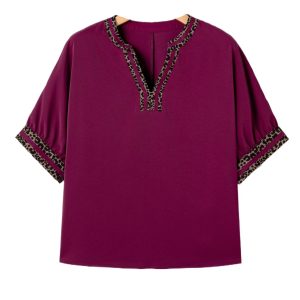 Women's Red Dahlia V Neck Blouse with Leopard Trim – Stylish Casual Top for Everyday Wear