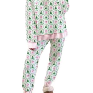 Women's Green Bow Christmas Tree Print Lounge Set – Cozy Contrast Striped Banding for Holiday Comfort - Main View
