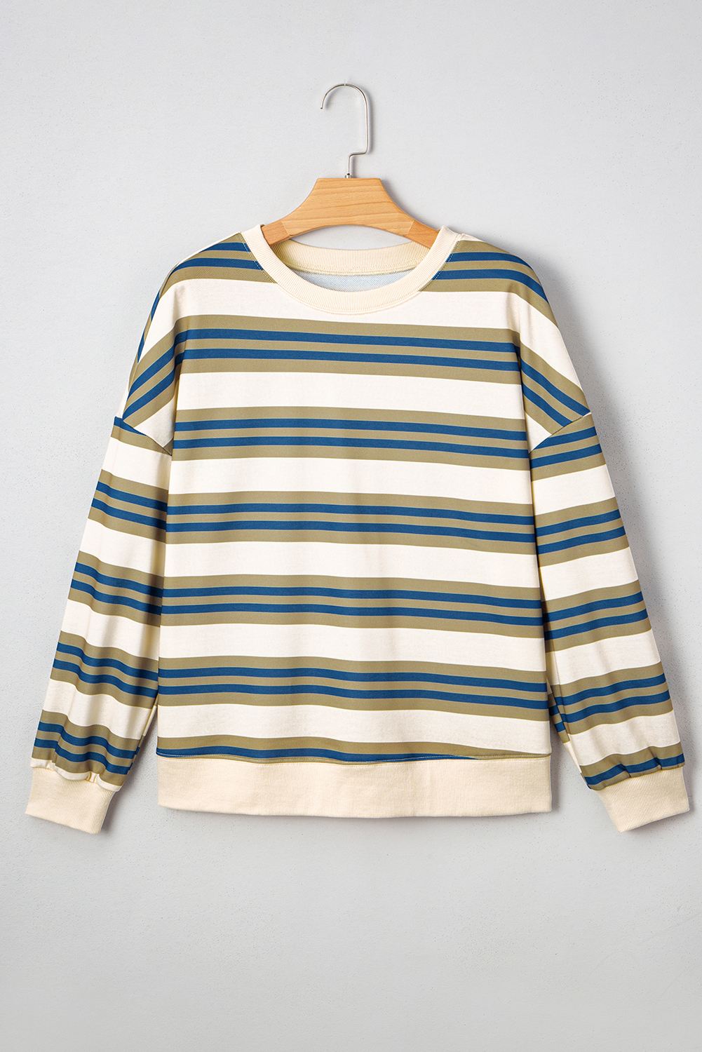Women's Khaki Stripe Crew Neck Drop Shoulder Pullover Sweatshirt - Detail View 5