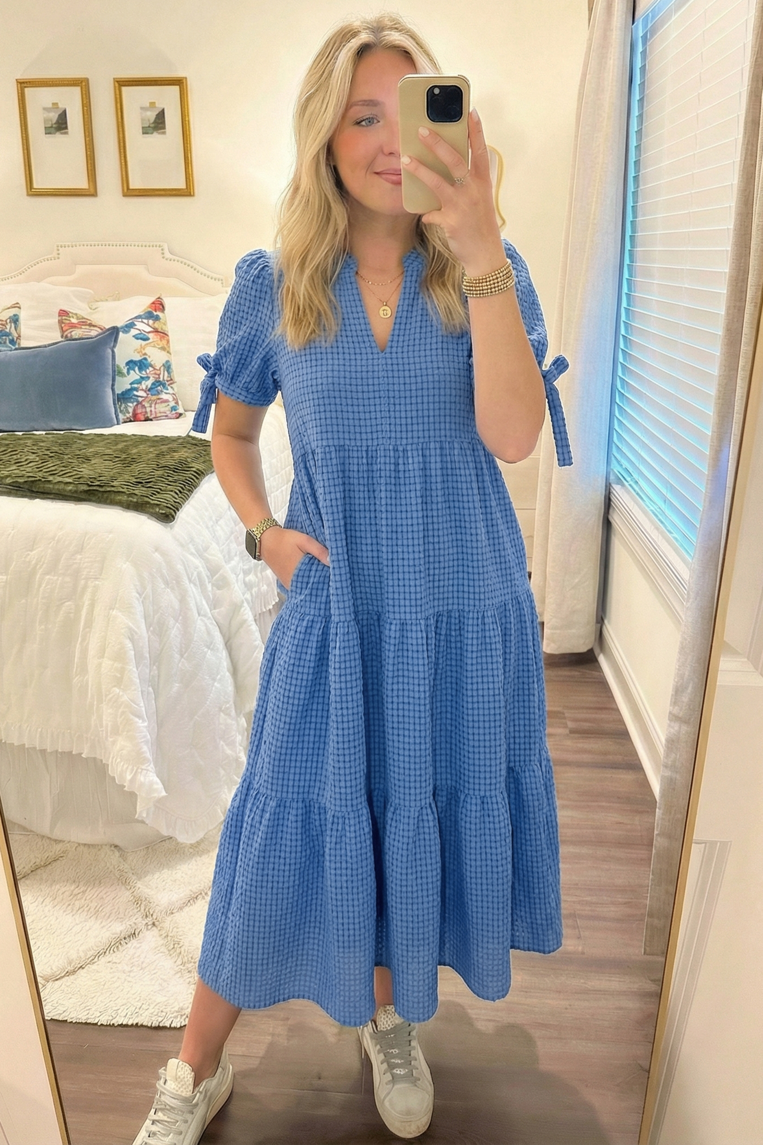 Dusk Blue Gingham Midi Dress for Women – Short Sleeve Tiered Casual Summer Style - Image 3