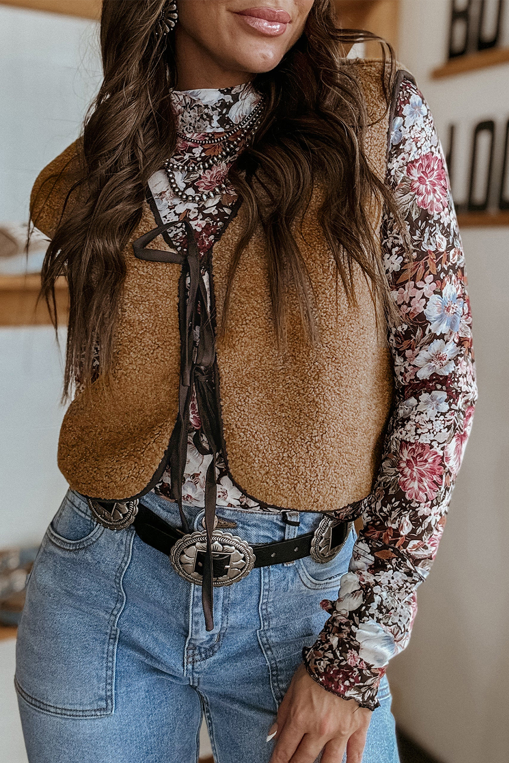 Women's Light French Beige Contrast Trim Tie Front Sherpa Vest - Cozy Fleece Outerwear - Detail View 5