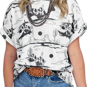 Western Style White Desert Sand Print Short Sleeve Knit Top for Women – Ideal for Summer Outings
