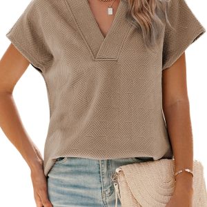 Women's Pale Khaki Textured V Neck Collared Short Sleeve Top - Casual Summer Wear - Main View