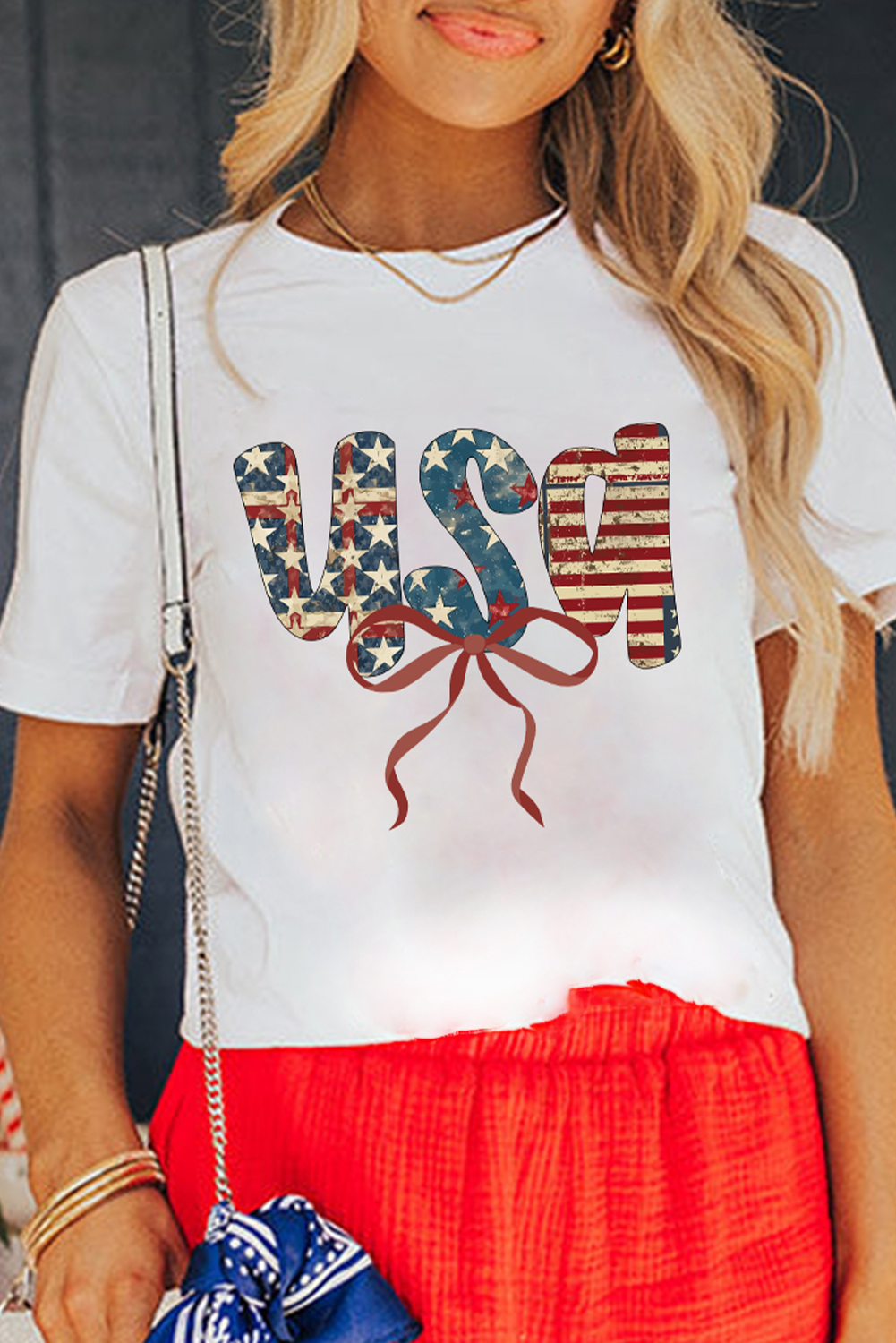 Women's White USA Bow Letter Graphic Independence Day Fashion Tee - Detail View 5