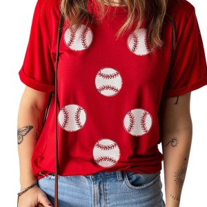 Women's Red Glittering Rugby Pattern Crew Neck Game Day T-Shirt - Main View