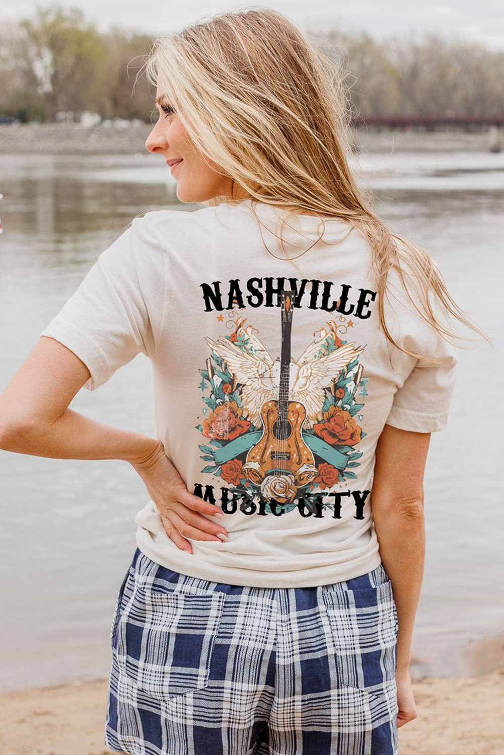 Soft Cotton Blend Graphic Tee with Guitar and Wings Print for Music Lovers - Detail View 7