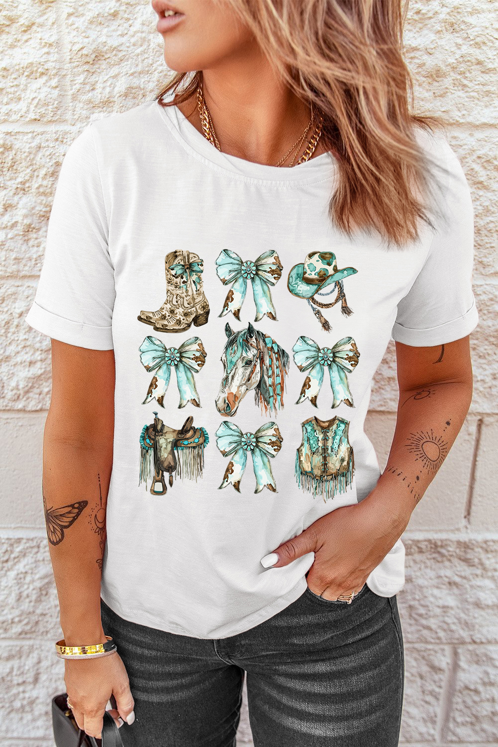 Charming White Tee with Bowknot Prints - Perfect for Summer Outings - Detail View 7