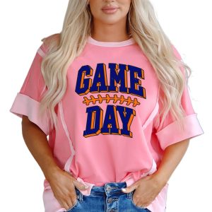 Women's Peach Blossom GAME DAY Graphic Tee - Casual Raw Seam Color Block Design - Main View