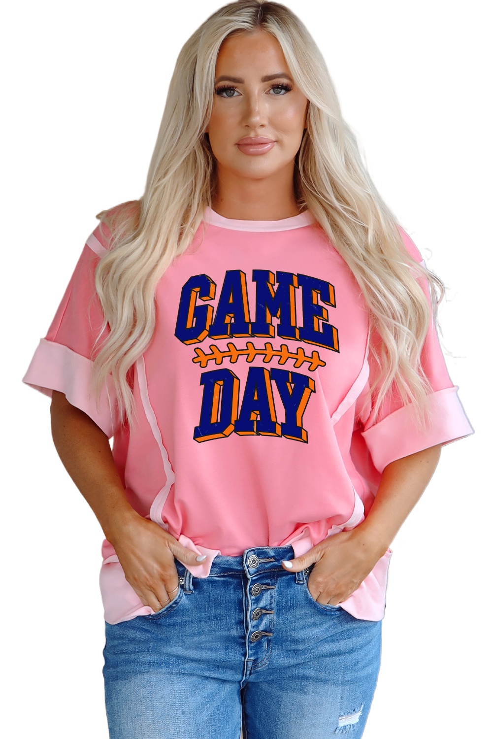 Women's Peach Blossom GAME DAY Graphic Tee - Casual Raw Seam Color Block Design - Main View