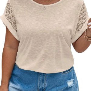 Women's Plus Size Parchment Lace Patchwork Short Sleeve Round Neck Summer Top - Main View