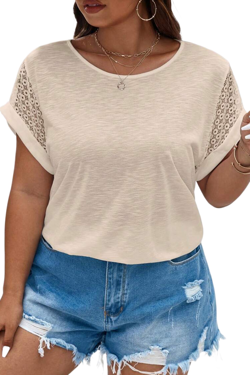 Women's Plus Size Parchment Lace Patchwork Short Sleeve Round Neck Summer Top - Main View