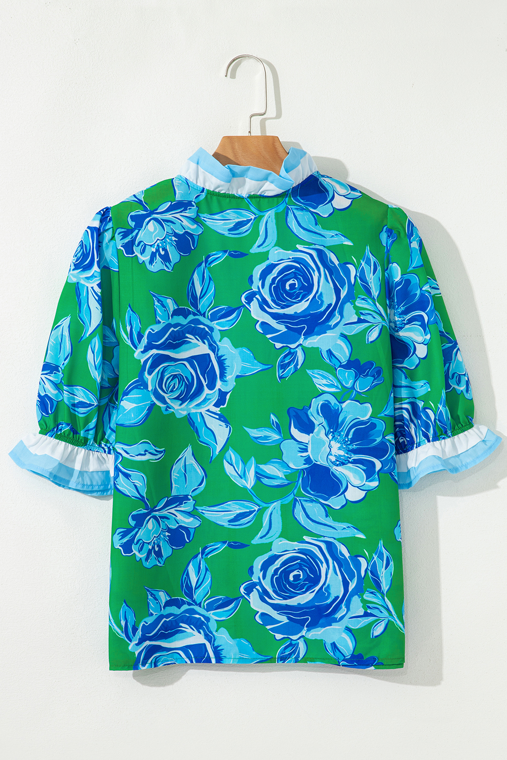 Stylish and Elegant Women's Summer Top - Short Sleeve Floral Blouse in Bright Green - Detail View 7
