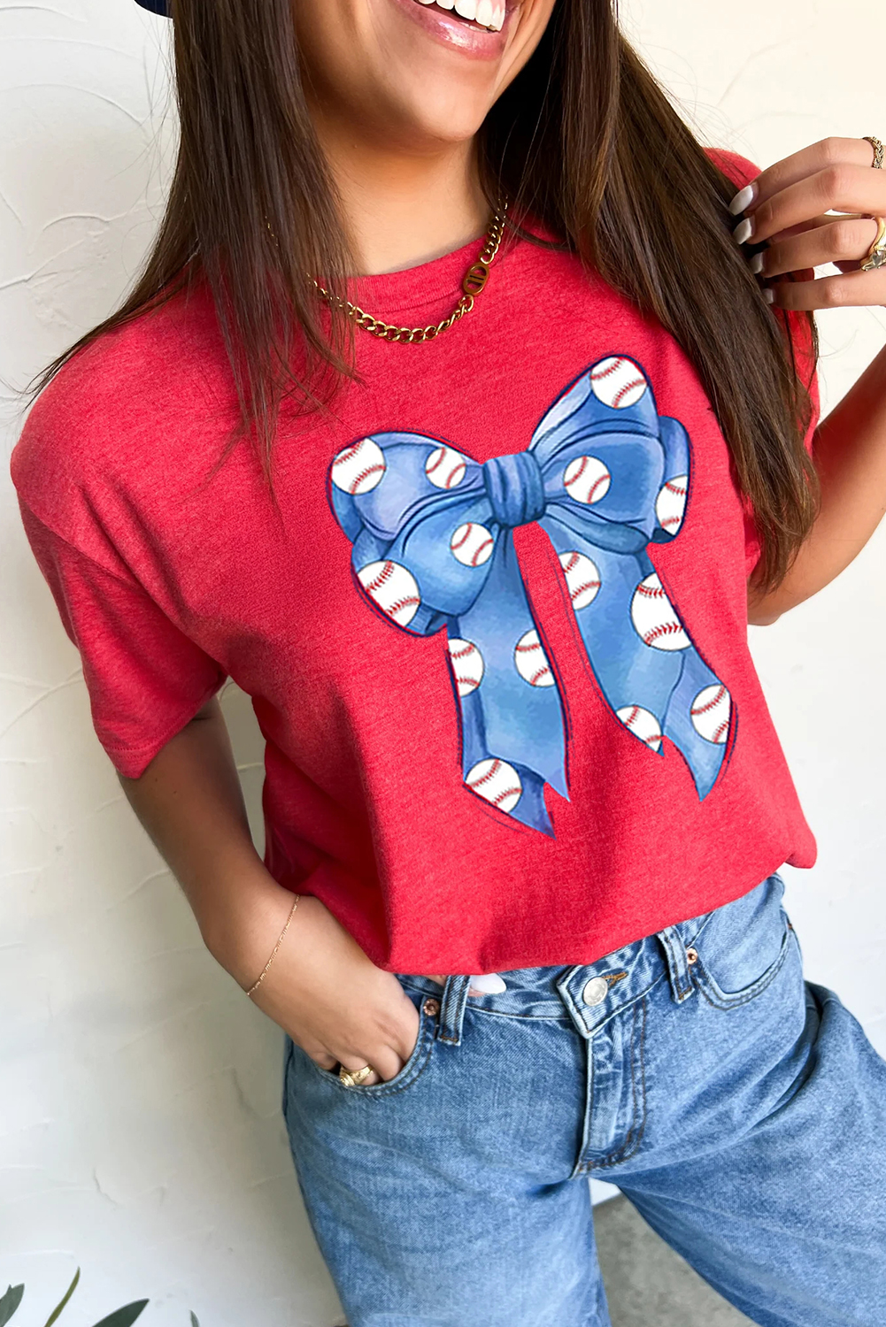 Women's Casual Red Rugby Bowknot Graphic Crew Neck Tee - Stylish & Comfortable - Detail View 5