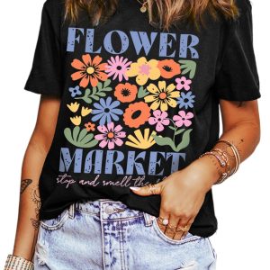 Women's Black FLOWER MARKET Graphic T-Shirt - Vintage Floral Design - Main View